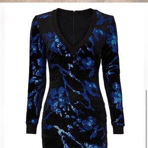 NWOT Small Dress the Population Black & Blue Sequin Velvet Dress $299